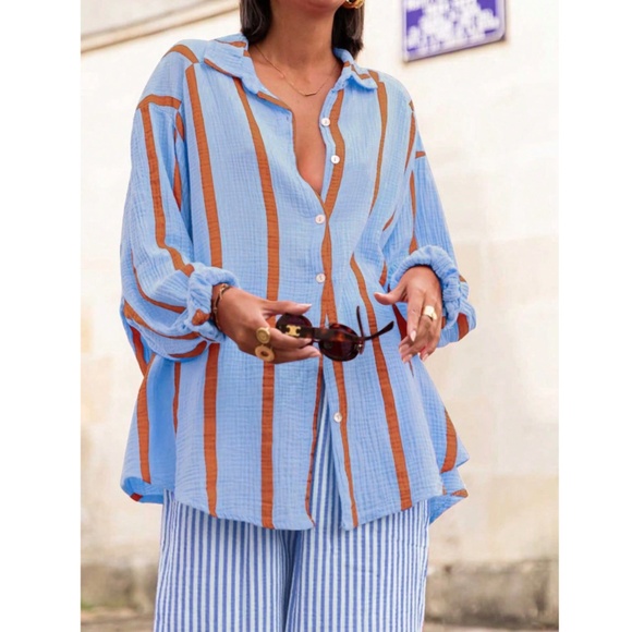 Blue Striped Oversized Button Down Shirt Long Sleeve - Picture 3 of 6